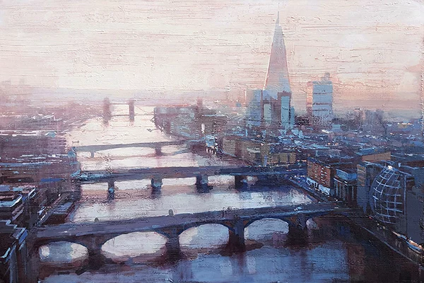 Sunset on Thames river; London; acrylic on canvas; painting; Claudio Cionini