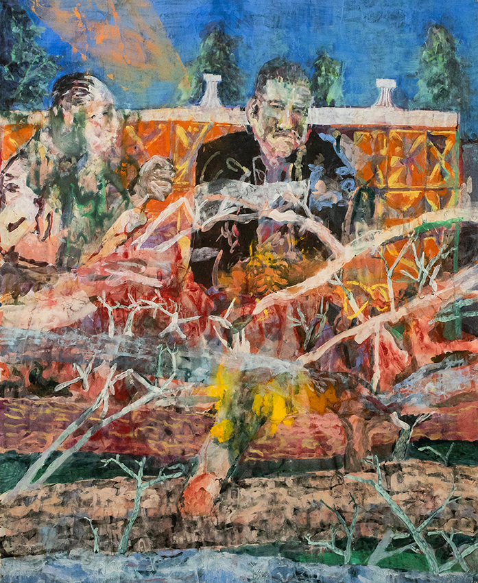 Painting; Leopoldo Innocenti; men sit on a bench with tree logs; expressionism; acrylic on paper