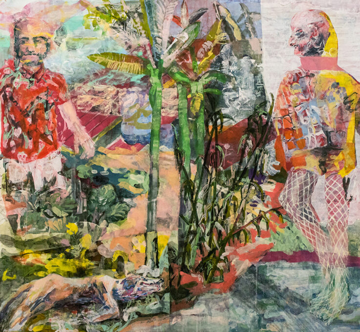 Dipinto; Leopoldo Innocenti; due figure in riva al fiume con alberi di banano; espressionista; acrilico su carta; Quadro