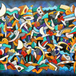 Quadro; dipinto; Skim; Composizione astratta simboli colorati; kaos armonico; Firenze; acrilico su tela;