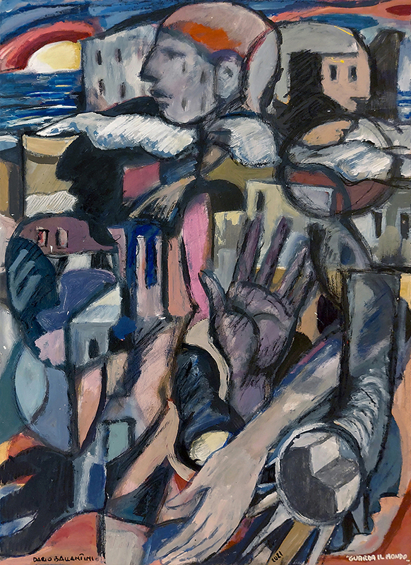 Quadro; dipinto; Dario Ballantini; Figura umana scomposta con sfondo di case; acrilico su carta su tela;