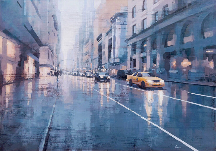 Painting; Artwork; New York, Manhattan; Taxi; Rainyday; acrylic on canvas; Claudio Cionini;