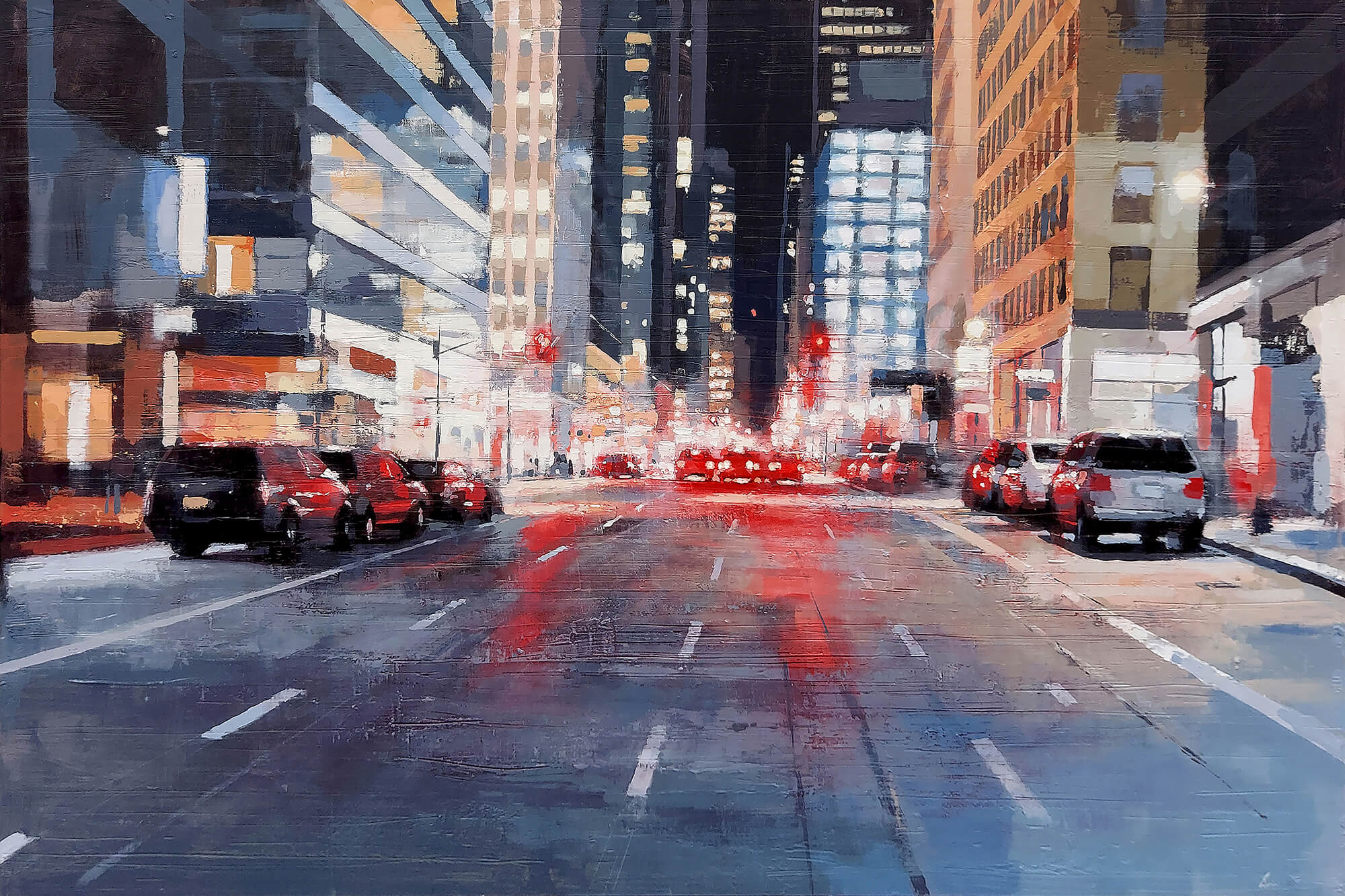 Notte a New York, Strada si Manhattan dipinta da Claudio Cionini