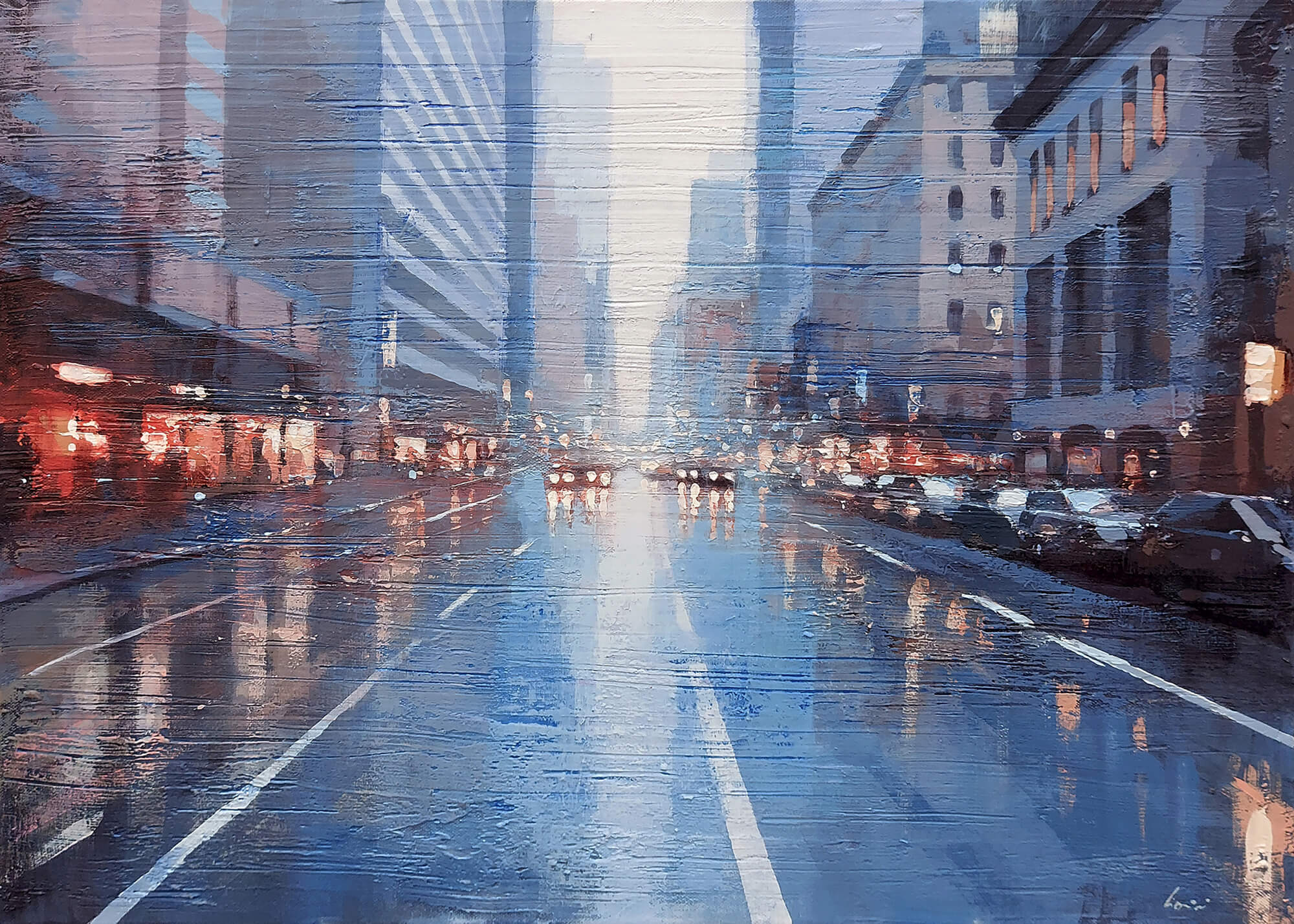 Claudio Cionini, Pioggia a New York; Dipinto di una strada bagnata negli USA