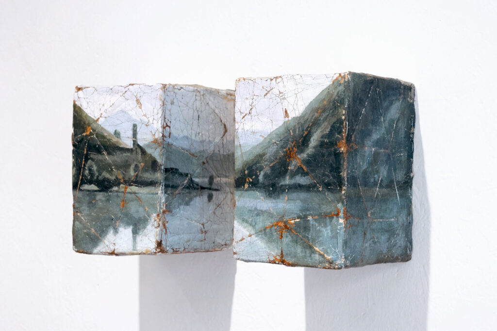 Marco Ferri, Dittoco; Omaggio a Corot, acrilici, cera, ferro e tela su legno, cad. 15x16x21, Galleria